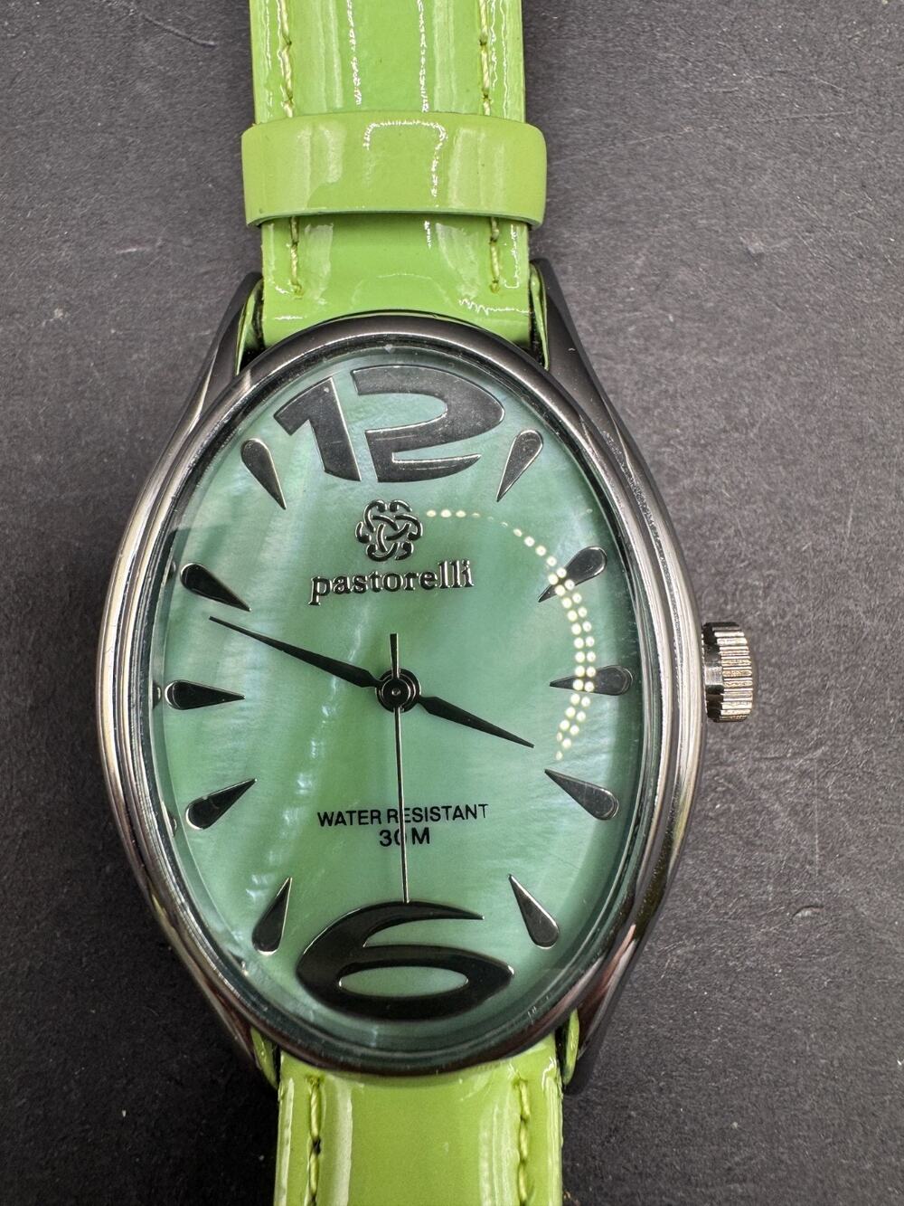 Pastorelli Womens Wrist Watch Green MOP Dial Oval Green Leather Band 29mm
